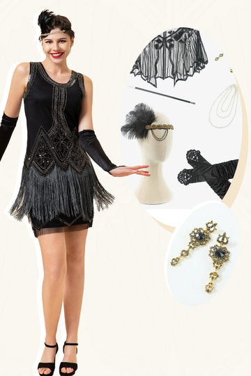Black Fringes paljett 1920-tallet Flapper kjole med 20-tallet tilbehør sett